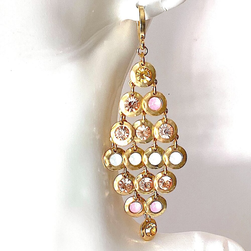 Big Chandelier Earrings, Gold Tone with Pink and White Rhinestones, Long Large